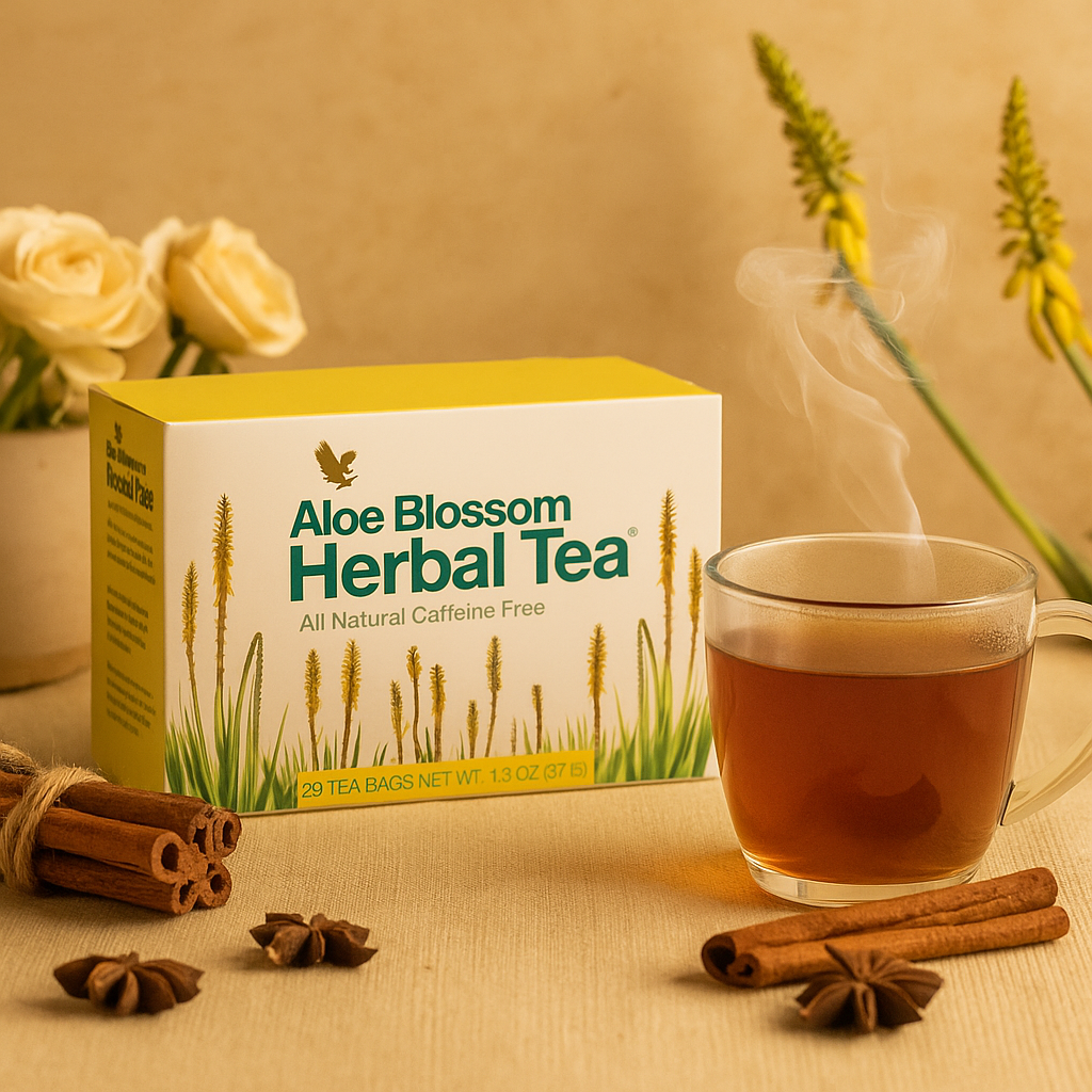 شاي عشبي طبيعي يحتوي على زهور الألوفيرا والأعشاب المختارة